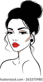 Elegant Woman with Hair Bun and Red Lips Fashion Illustration