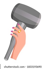 Elegant woman hand holding hair dryer with violet polished finger nails and golden ring. Hair styling icon. Cartoon dryer, equipment for beauty salon or hairsaloon. Flat illustration on white