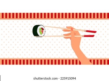 Elegant woman hand with thin fingers holds by chopsticks maki sushi. Japanese traditional food. Vector cartoon background. 