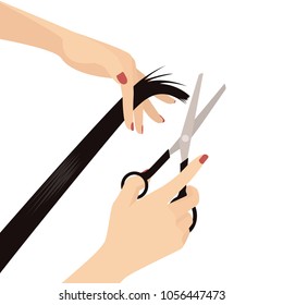 Elegant Woman Hands Cutting Hair, Hand Holding Scissors and Hand Holding Hair, Beauty Salon, Hairdresser, Hair Salon, Hairdressing, Flat Vector Illustration Isolated on White 