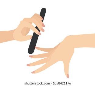 Elegant Woman Hands Filing Nails, Manicure Beauty Salon Flat Vector Illustration Isolated on White