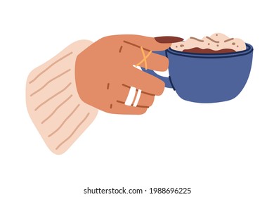 Elegant woman hands with frothy coffee cup, tea, hot drinks and beverage. Female hand with long nails and manicure holding blue cup. Flat vector cartoon illustration in doodle style.