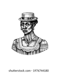 Elegant woman in Hat. Afro american Lady. Victorian era. Fashion and clothes. Hand drawn Old sketch. Vintage engraved illustration. 