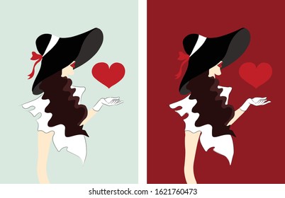 Elegant woman with hat and curly hair sending hearts