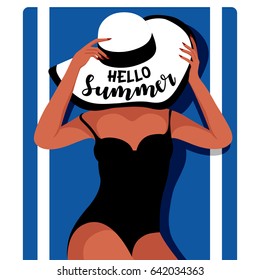 Elegant woman in hat lying on the beach towel. Girl in black swimwear sunbathing on the beach. Hello summer design for background, banner, poster, advertising campaign, cover, party invites. Vector 