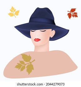 Elegant woman in a hat, red lips. Autumn outfit. Fashion beauty. Vector illustration. Headdress.