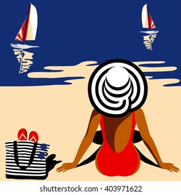 Elegant woman in hat sitting on the beach and looking at sea. Summer background, vogue style. Vector illustration