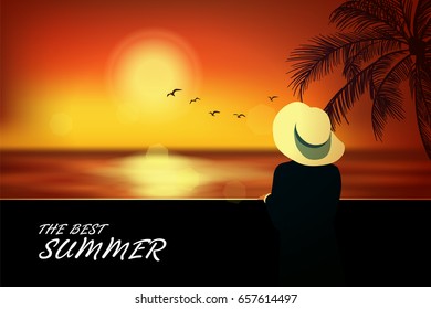 Elegant woman in hat standing on the beach and looking at sea. Summer background, vogue style. Vector illustration