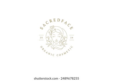 Elegant woman head with wildflower circle outline logo design template vector illustration. Botanical female portrait with flower line logotype for natural organic cosmetics skin care brand