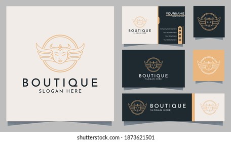  Elegant woman head wing line art logo and business card