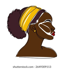 Elegant woman with head wrap showcasing beauty in profile view highlighting traditional facial art and hairstyle