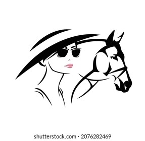 Elegant Woman  At Hippodrome Wearing Wide Brimmed Ascot Hat And Sunglasses And Race Horse Head Outline - Glamour And Beauty Vector Portrait