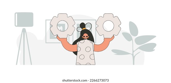 An elegant woman is holding gears. Idea concept. trendy character.