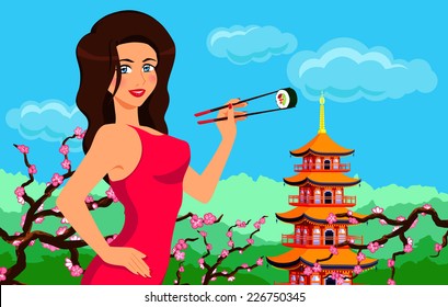 Elegant woman holds and eat by chopsticks maki sushi. Japanese traditional food. Vector cartoon background with pagoda and sakura.