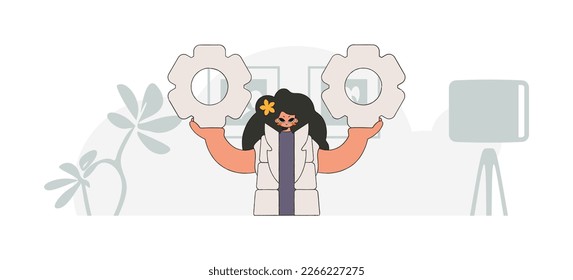 An elegant woman holds gears in her hands. Idea concept. trendy character.
