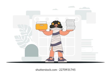 Una mujer elegante sostiene un montón de documentos en sus manos. Ilustración gráfica sobre el tema de los pagos fiscales.
