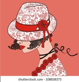 Elegant woman a lace hat (vector illustration).