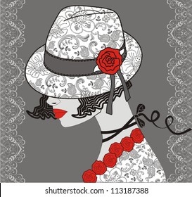 Elegant woman a lace hat (vector illustration).