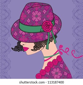 Elegant woman a lace hat (vector illustration).