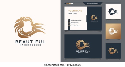 Elegant Woman Logo Design And Business Card. Logo Can Be Used For Beauty Salon, Hairdresser, Hair Stylist. Premium Vector