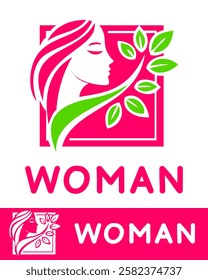 Elegant woman logo design featuring a pink and green theme with flowing hair and leaves, ideal for beauty, wellness, fashion, nature, eco-friendly brands, or female empowerment projects