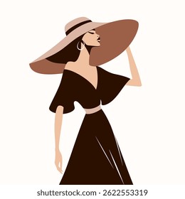 Elegant woman in long dress and wide hat. Minimalist high fashion illustration. Female profile in retro style.