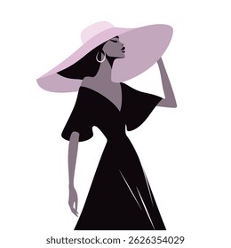 Elegant woman in long dress and wide hat. Minimalist high fashion illustration. Female profile in retro style.