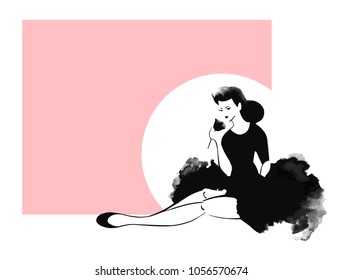 An elegant woman with a long fit lags in a beautiful lush dress sits on the floor and smells a flower. A minimalistic hand drawn vector illustration on a pink background.