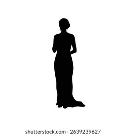 Elegant woman in long gown silhouette back view.