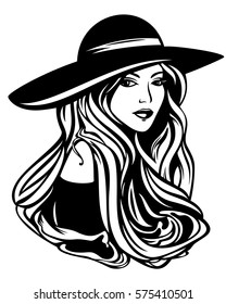 elegant woman with long hair wearing hat - black and white vector portrait
