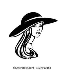 mujer elegante con el pelo largo y largo usando sombrero amplio con puente - glamour y concepto de belleza retrato vectorial