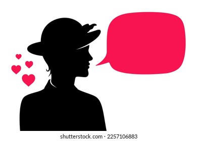 Elegant woman in love with a chat bubble speaking romantical words, silhouette vector illustration.