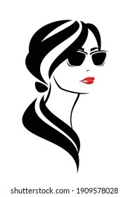 Elegant Woman With Low Ponytail Wearing Red Lipstick And Sunglasses - Glamour And Beauty Concept Vector Portrait