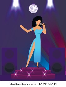 Elegant Woman Lyric Singer Singing. Super Pop Star in Beautiful Blue Dress with Microphone Standing on Stage under Spotlight. Performance in Night Club. Flat Cartoon Loudspeakers. Vector Illustration