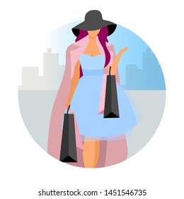 Elegant Woman Making Purchases Flat Concept Vector Icon. Fashionable Lady, Shopaholic With Shopping Bags Sticker, Clipart. Female Fashionista, Customer, Shopper At Mall. Isolated Cartoon Illustration