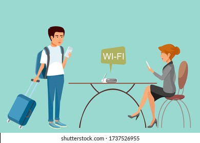 An elegant woman and a male tourist are holding phones in their hands next to a table in a restaurant. There is an internet router on the table. Flat design vector illustration. Copy space for text