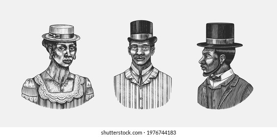 Elegant woman and man. Male face. Afro American Lady and gentlemen in a cylindrical hat. Victorian era. Fashion and clothes. Hand drawn Old sketch. Vintage engraved illustration. 