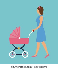 elegant woman with pink carriage baby walking