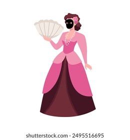 Elegant woman in pink historical dress with a black mask holding a fan. Vector illustration of Venice carnival costume with decorative accessories. Perfect for festive event designs.