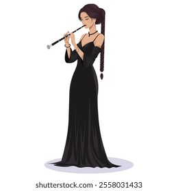 Elegant woman playing clarinet in black dress. Vector illustration