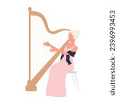 Elegant woman playing on harp instrument. Musical player harpist cartoon vector illustration