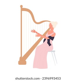 Elegant woman playing on harp instrument. Musical player harpist cartoon vector illustration