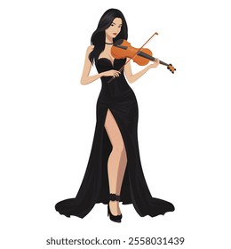 Elegant woman playing violin in long black gown. Vector illustration