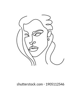 Elegant woman portrait continuous line art. Minimalistic icon. Pretty face, long hair, casual earring. Modern minimalist art, aesthetic contour. Avant garde style illustration. Vector illustration