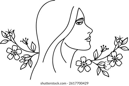 Elegant Woman Portrait Line Art With Floral Accents And Minimalist Design