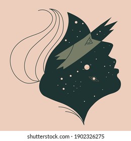 Elegant woman portrait profile line art. Female character looking aside, starry background with stars and constellations with decorative brush. Exploration of cosmos and universe, vector in flat style