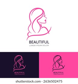 Elegant woman profile logo. Pink line art of female face with wavy hair. Vector emblem design for spa, beauty salon, cosmetics, or hair care branding. Stylish and modern template.