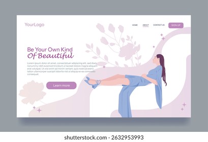 Elegant woman in purple outfit relaxing peacefully, modern flat style, set against a soft floral abstract background. Concept of self-confidence and beauty. Vector illustration