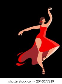 Elegant Woman In A Red Dress Dancing A Latin American Dance On A Black Background. Vector Vertical Banner Or Poster Template.