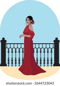 Elegant Woman in Red Dress with Floral Hair Accessory
